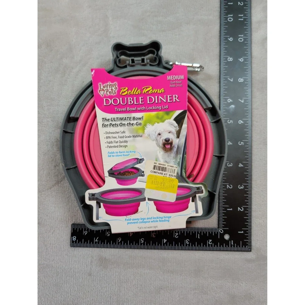 Loving Pets Bella Roma Double Diner Collapsible Pet Travel Bowl Pink Medium 24oz